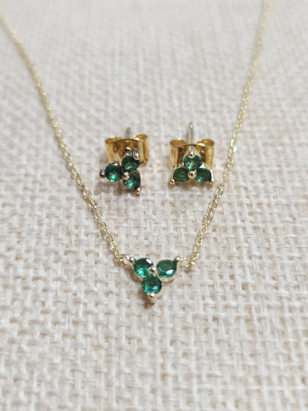 Delicate Gold Necklace and Stud Earring Set with Emerald  Stones